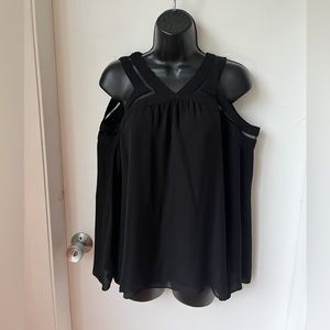 RAMY BROOK NY OFF SHOULDER, black longsleeve silk blouse , v neck mesh sz M